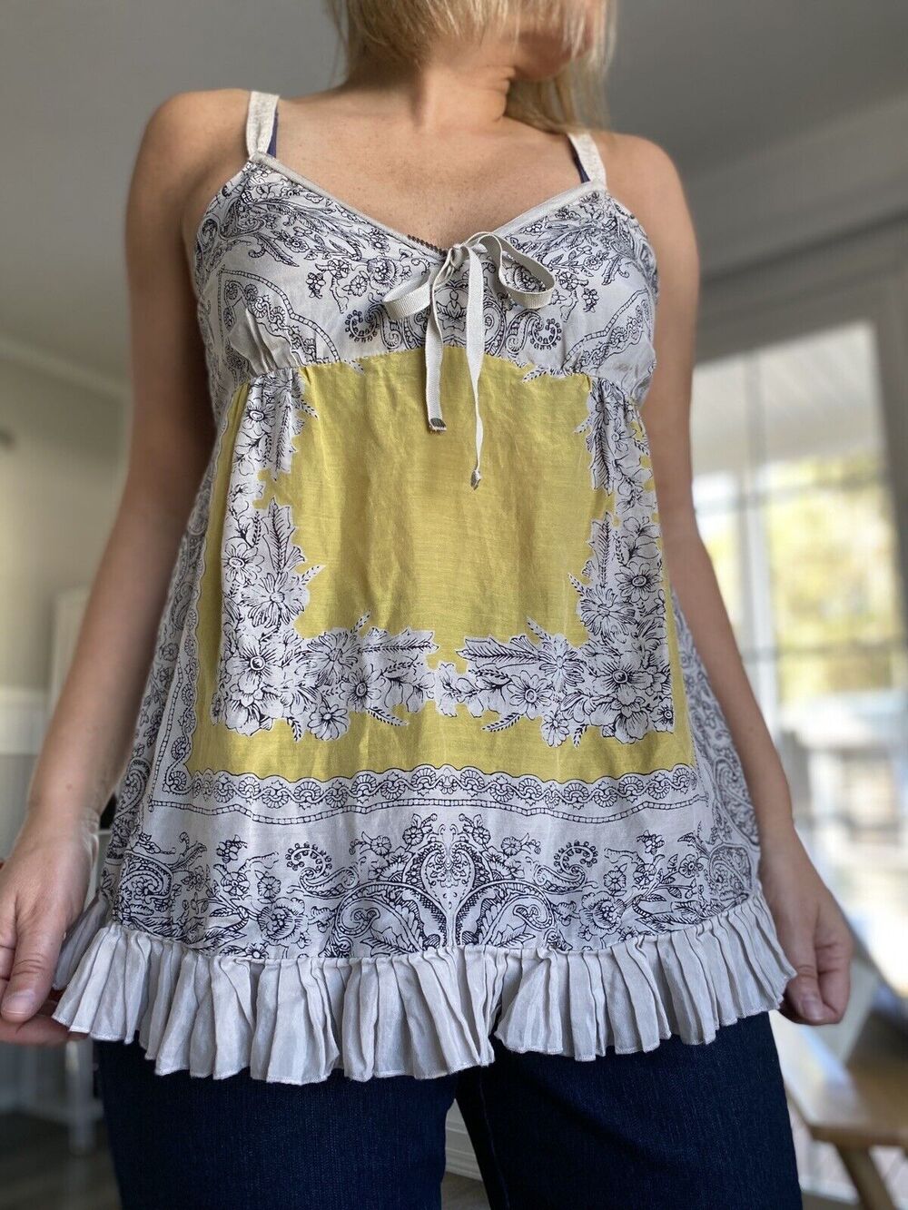 Lucky Brand Women's Top gray and yellow Floral Cotton/Silk Sleeveless Size M